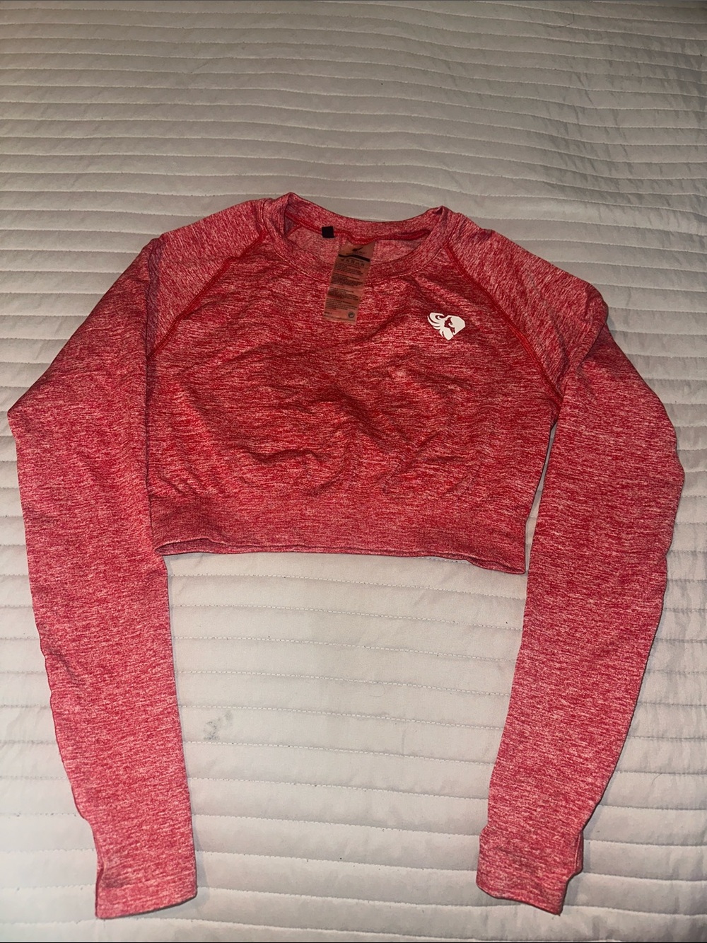 Red Long-Sleeve Cropped Crew Top with Heart Accent - Women
